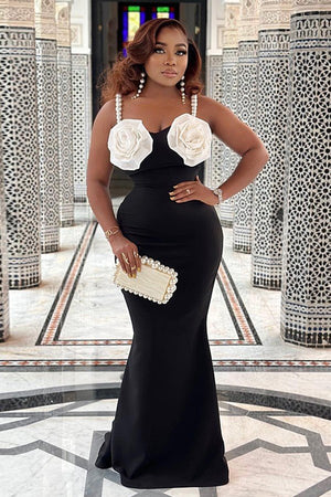 Elegant Black Applique Bodycon Evening Slip Dress