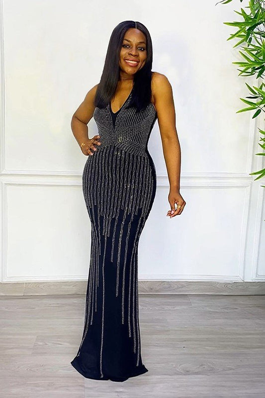 Chic Sleeveless Diamond V-Neck Long Dress with Fanny Pack and Hip Stretch Fit