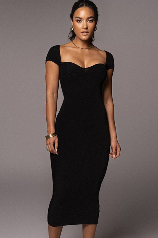 Ribbed Long Slim-Fit Dress with Line Neck Detail
