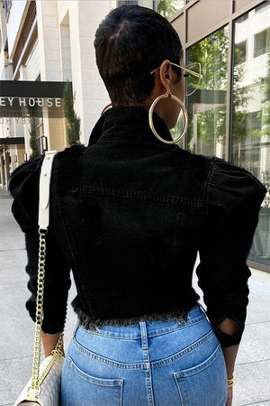 Trendy Short Puff Sleeve Distressed Denim Jacket