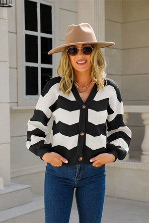 Chic V-Neck Striped Long Sleeve Button Sweaters