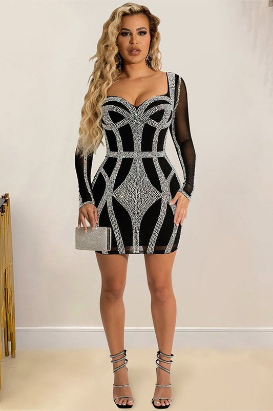 Chic See-Through Long Sleeve Midskirt Dress with Hot Drill Accents