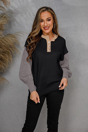 Chic Round Neck Puff Sleeve Sweater with Button Detail