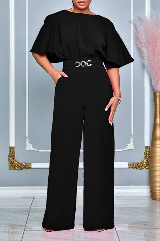 Chic Plus Size High Waist Wide Leg Jumpsuit with Round Neck Design