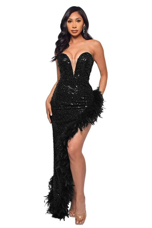 Glamorous Strapless Sequin Feather Evening Gown