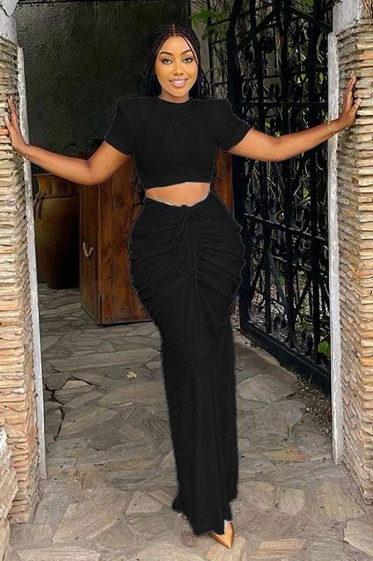 Chic Women's Short Sleeve Pleated Waist Maxi Dress Set