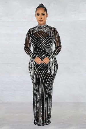 Elegant Mesh Long Sleeve Maxi Dress with Lined Two-Piece Ensemble