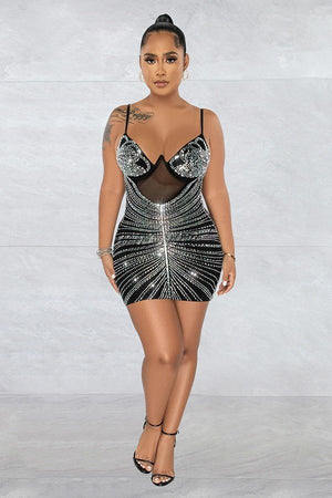 Elegant Halter Neck Mesh Skirt Dress with Press Drill Detail