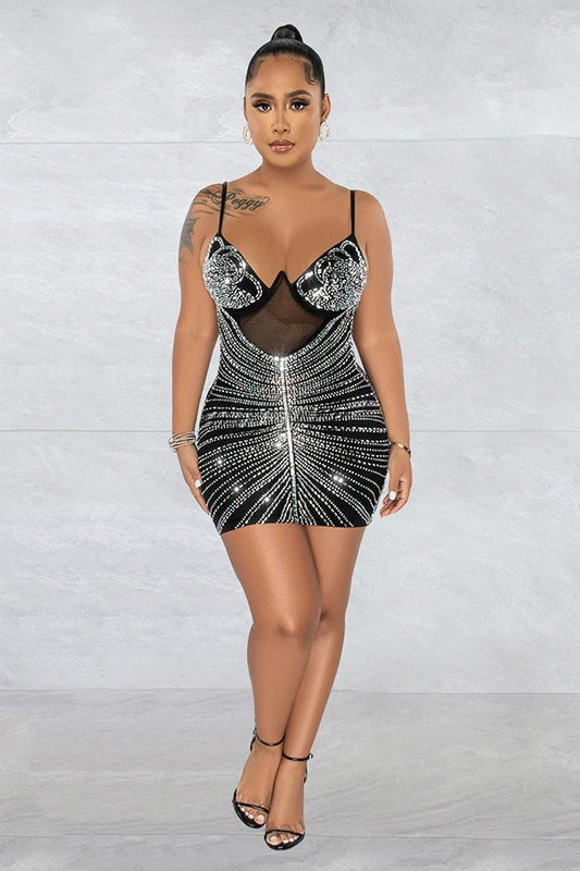 Elegant Halter Neck Mesh Skirt Dress with Press Drill Detail