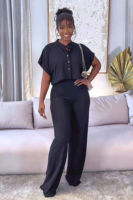Chic Short Cardigan and Tailored Straight Leg Pants: Stylish Two-Piece Ensemble