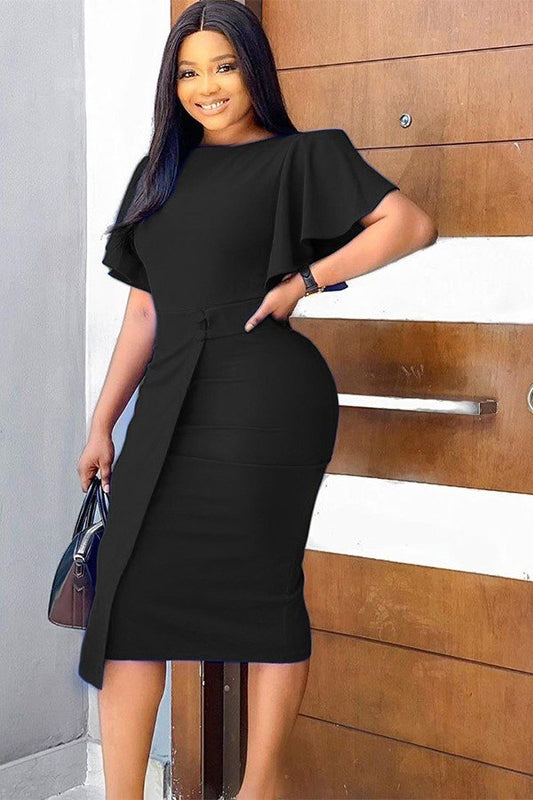 Chic Solid Color High-Waisted Dress with Elegant Lotus Sleeves