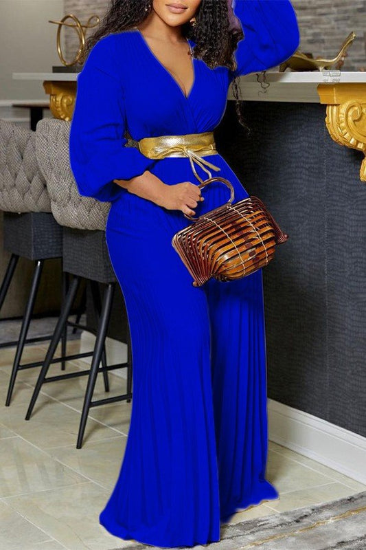 Chic V-Neck Lace-Up Wide-Leg Plus Size Jumpsuit with Pleats