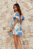 Chic Printed V-Neck Skirt with Elegant Puffy Sleeves