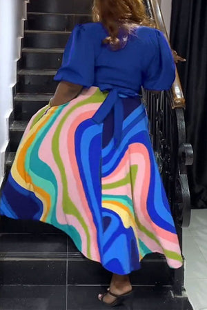 Vibrant Two-Piece Lace-Up V-Neck Dress with Color Contrast Print