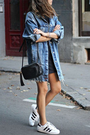 Distressed Denim Mid-Length Trench Coat