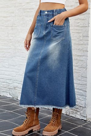 Raw Hem Washed Denim Skirt for Casual Chic Style