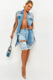 Edgy Ripped Lapel Denim Jacket in Solid Colors