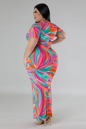 Stylish Geometric Print V-Neck A-Line Skirt with Daring Slit