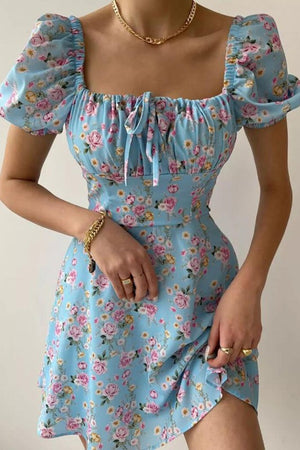 Floral Elegance Dress with Puffed Sleeves