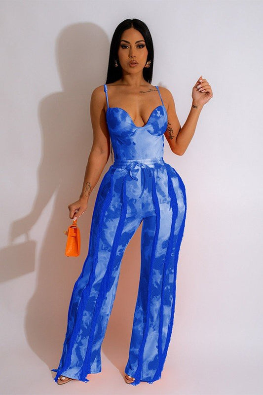 Vibrant Printed Lace Halter Romper Set with Fringed Details