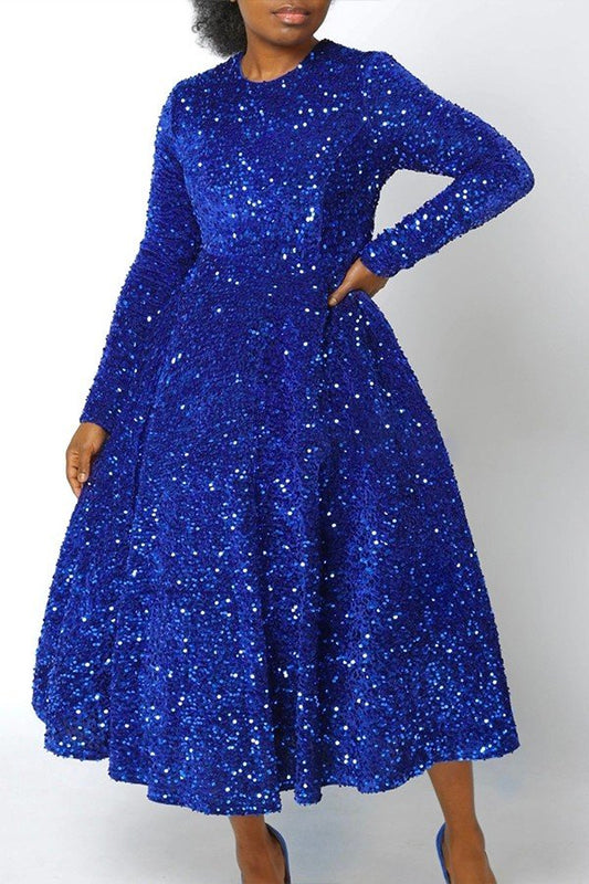 Elegant Sequin-Embellished Mid-Length Dress with Long Sleeves and High Waist Design