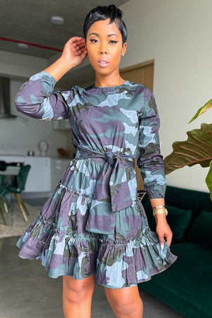 Stylish Camouflage A-Line Mid Skirt with Long Sleeves for All
