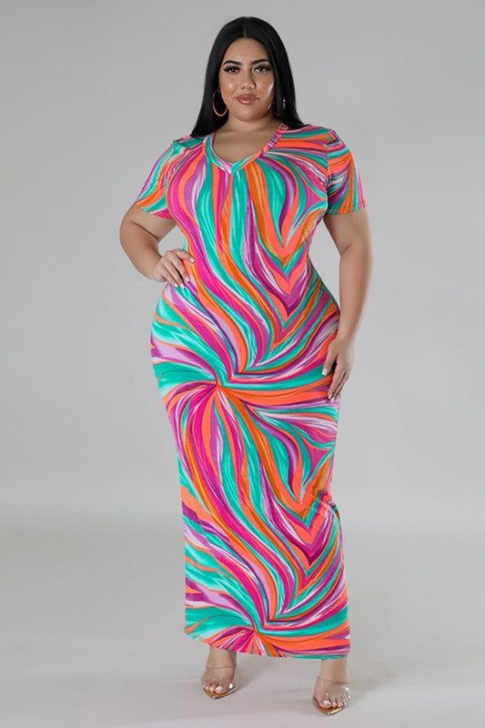 Stylish Geometric Print V-Neck A-Line Skirt with Daring Slit