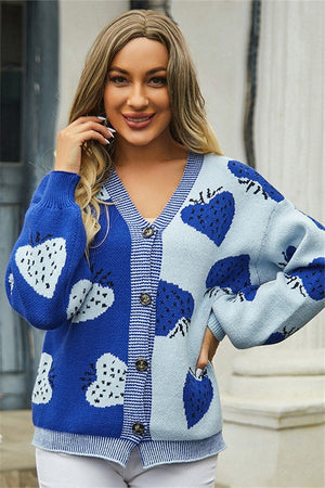 Strawberry Patterned V-neck Button-up Cardigan Sweater