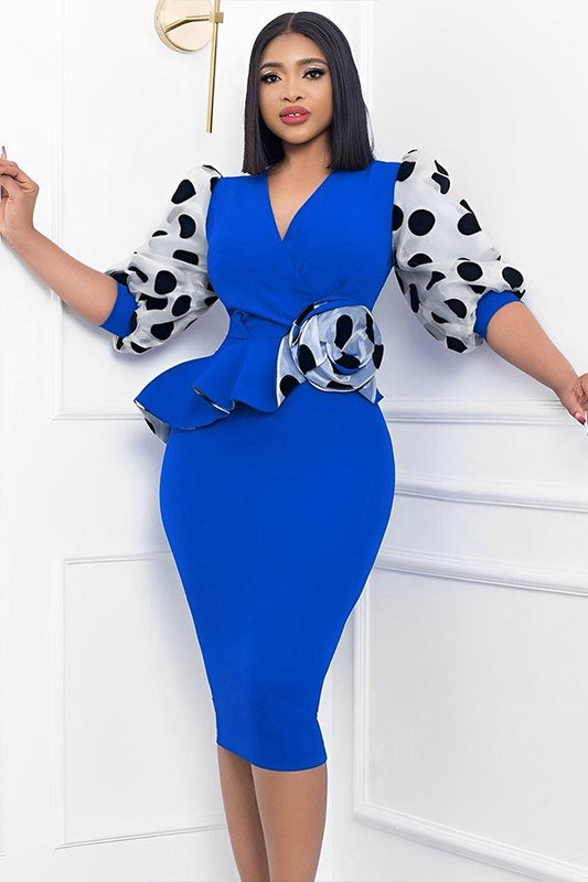 PATCHWORK POLKA DOT PUFF SLEEVE KNIT DRESS