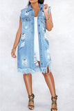 Edgy Ripped Lapel Denim Jacket in Solid Colors
