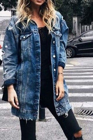 Distressed Denim Mid-Length Trench Coat