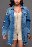 Distressed Denim Mid-Length Trench Coat