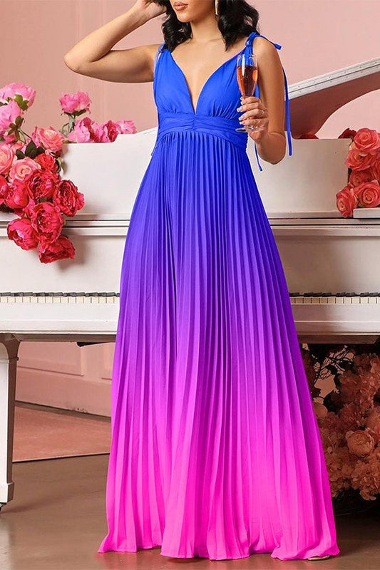 V-Neck Allure Gradient Pleated Maxi Dress