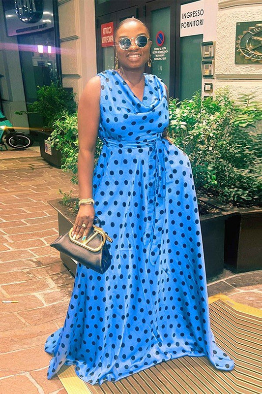 CHIC PLUS-SIZE POLKA DOT PLEATED MAXI DRESS WITH STRAP WAIST