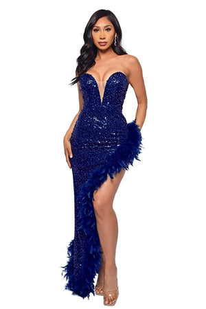 Glamorous Strapless Sequin Feather Evening Gown