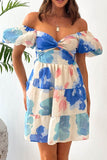 Chic Printed V-Neck Skirt with Elegant Puffy Sleeves