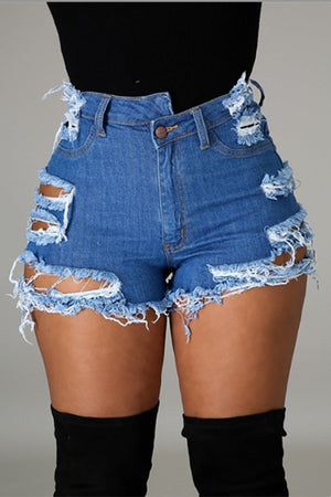 Trendy High-Waisted Ripped Shorts with Beaded Accents