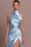 Chic Halter Neck Sleeveless Slit Dress with Stand Collar