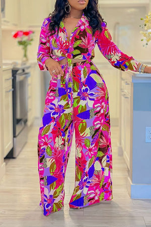 Chic Printed Two-Piece Lace-Up Shirt and Wide-Leg Pants Ensemble