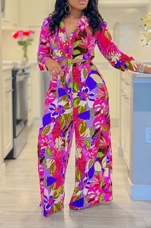 Chic Printed Two-Piece Lace-Up Shirt and Wide-Leg Pants Ensemble