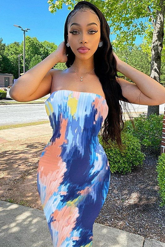 Vibrant Summer Tie-Dye Strapless Dress