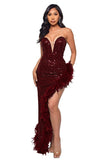 Glamorous Strapless Sequin Feather Evening Gown