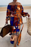 Chic Printed Lantern Sleeve Two-Piece Set with Slit Skirt