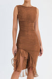 Halter Neck Mesh Bodice Dress with Asymmetrical Pleats
