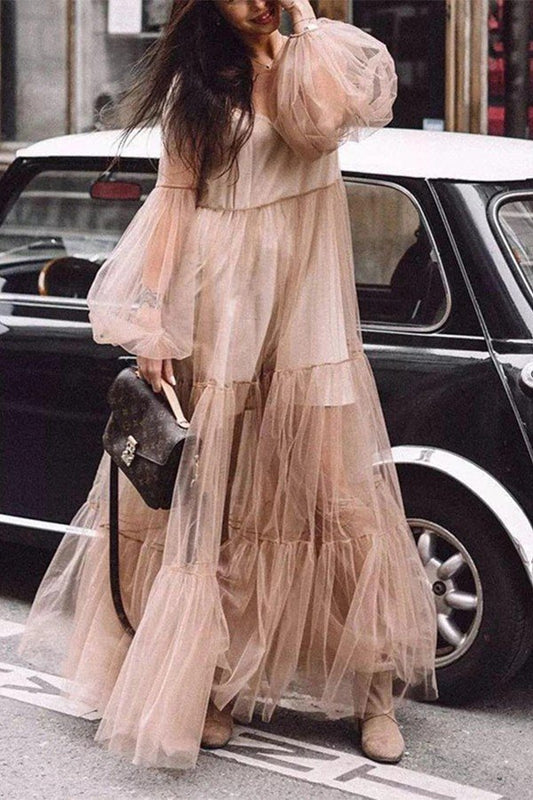 Chic V-Neck Sheer Mesh Puff Sleeve Dress