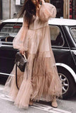 Chic V-Neck Sheer Mesh Puff Sleeve Dress