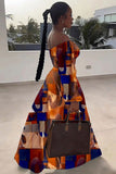 Chic Printed Lantern Sleeve Two-Piece Set with Slit Skirt