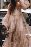 Chic V-Neck Sheer Mesh Puff Sleeve Dress