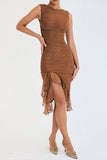 Halter Neck Mesh Bodice Dress with Asymmetrical Pleats