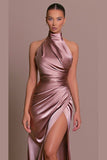 Chic Halter Neck Sleeveless Slit Dress with Stand Collar